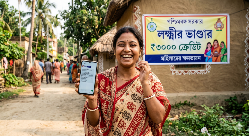 A happy Indian woman in West Bengal holding a mobile phone showing ₹3000 bank credit notification, with a government scheme banner in the background, realistic photo style, warm natural lighting"