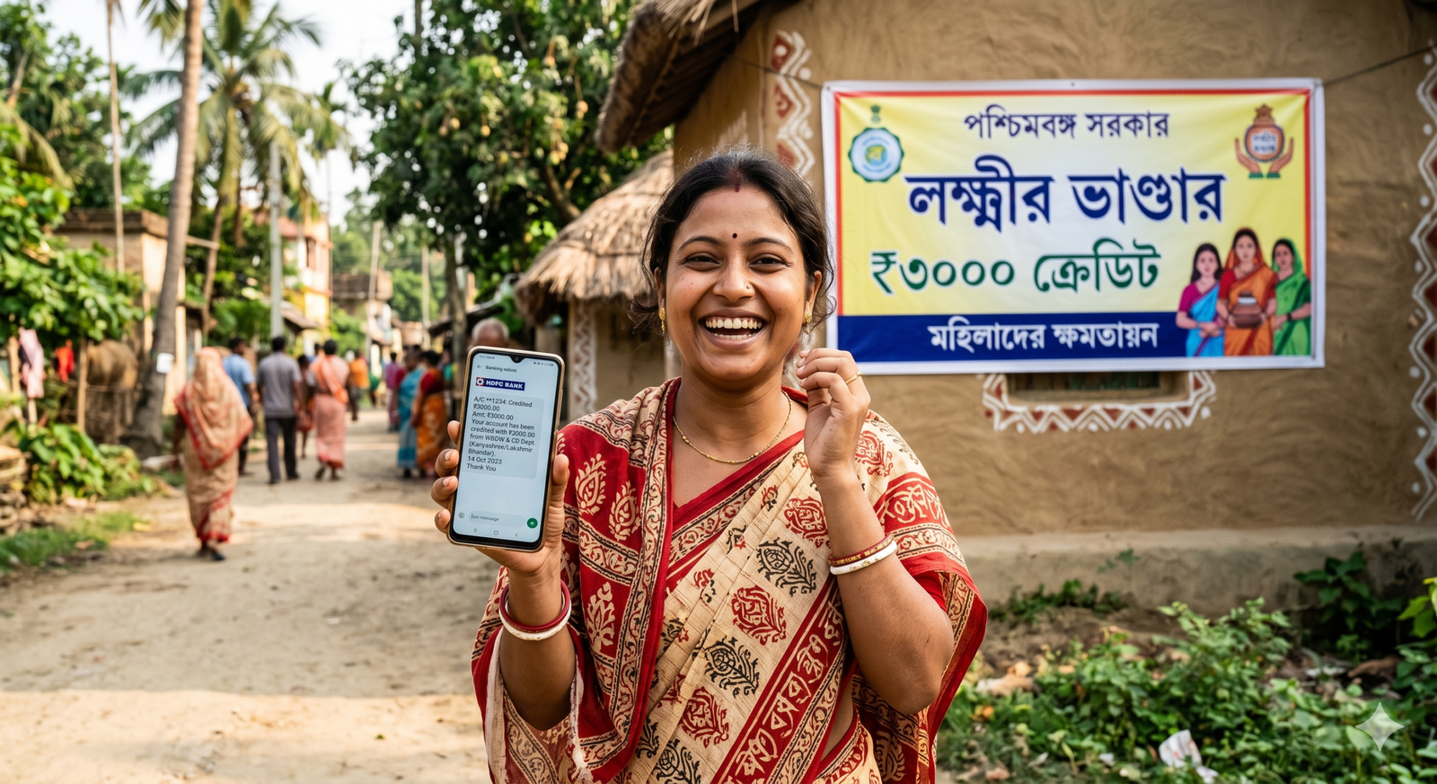 A happy Indian woman in West Bengal holding a mobile phone showing ₹3000 bank credit notification, with a government scheme banner in the background, realistic photo style, warm natural lighting"